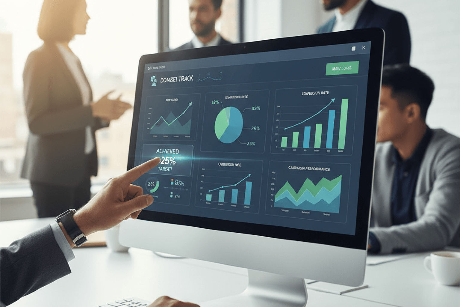 Dashboard de um CRM com gráficos de vendas sendo analisado por um gestor, ilustrando o conceito de gestão de crm.