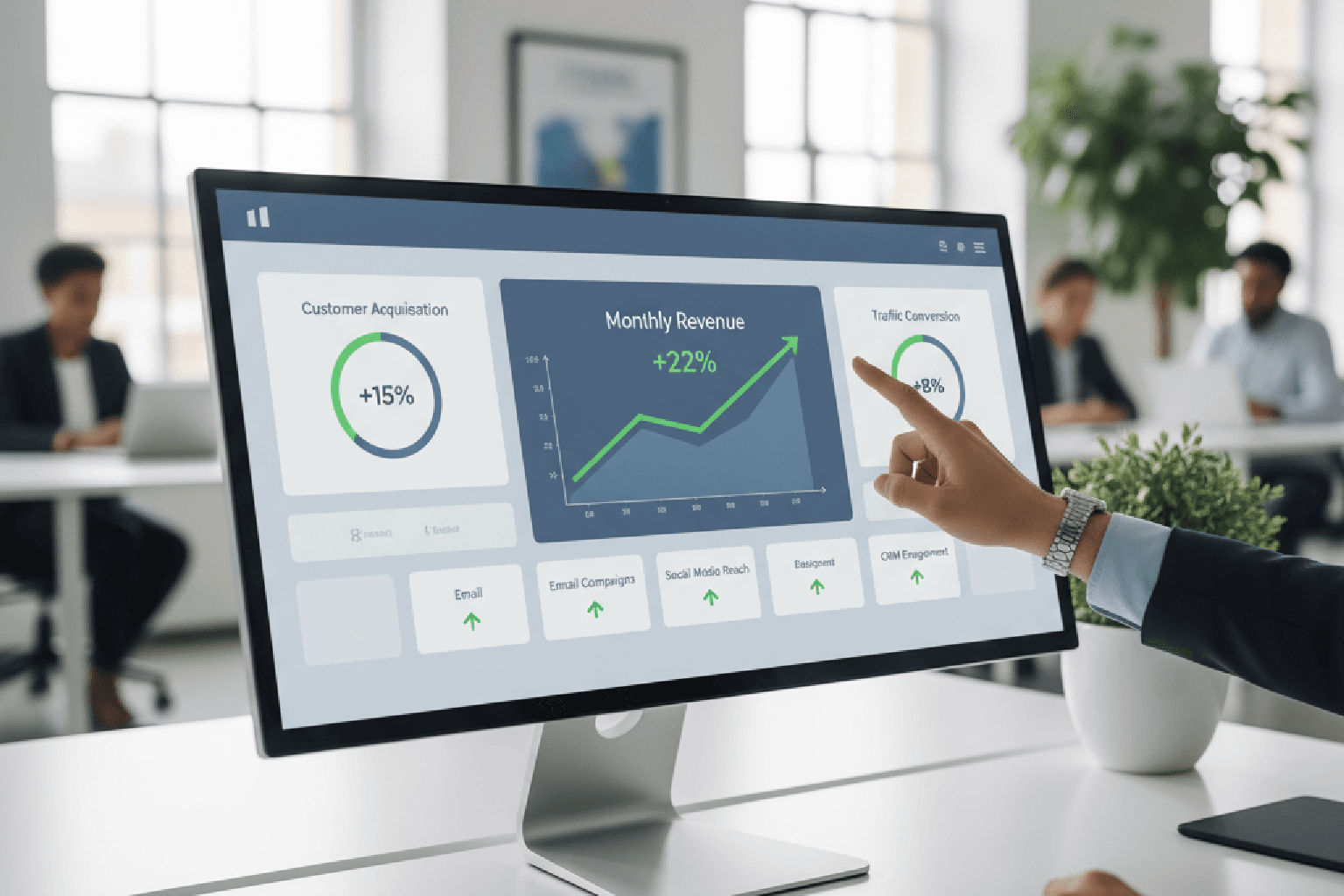 Tela de computador exibindo um dashboard com KPIs de uma auditoria de CRM para uma implementação Kommo.