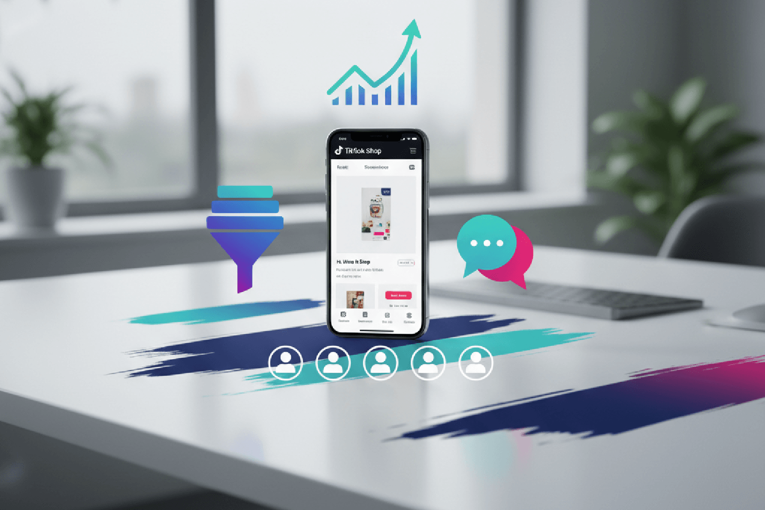 Visualização de um smartphone com a interface do TikTok Shop, cercado por ícones de CRM, simbolizando a integração entre social commerce e gestão de clientes.