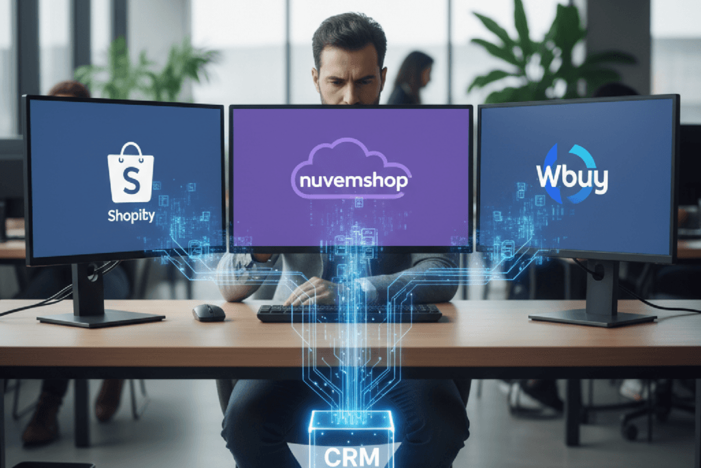 Análise comparativa entre Nuvemshop, Shopify e Wbuy focada no ecossistema de dados para CRM e trackeamento.