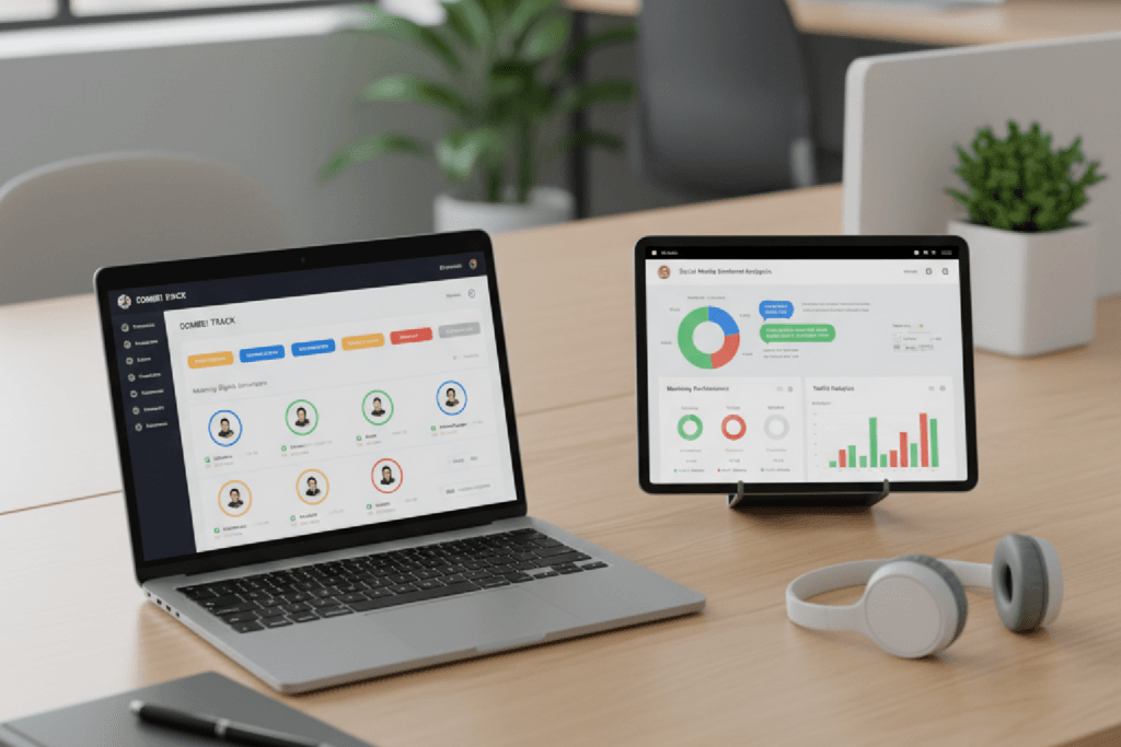 Notebook com dashboard de CRM ao lado de um tablet exibindo gráficos de análise de sentimento com IA gerados pelo ChatGPT.