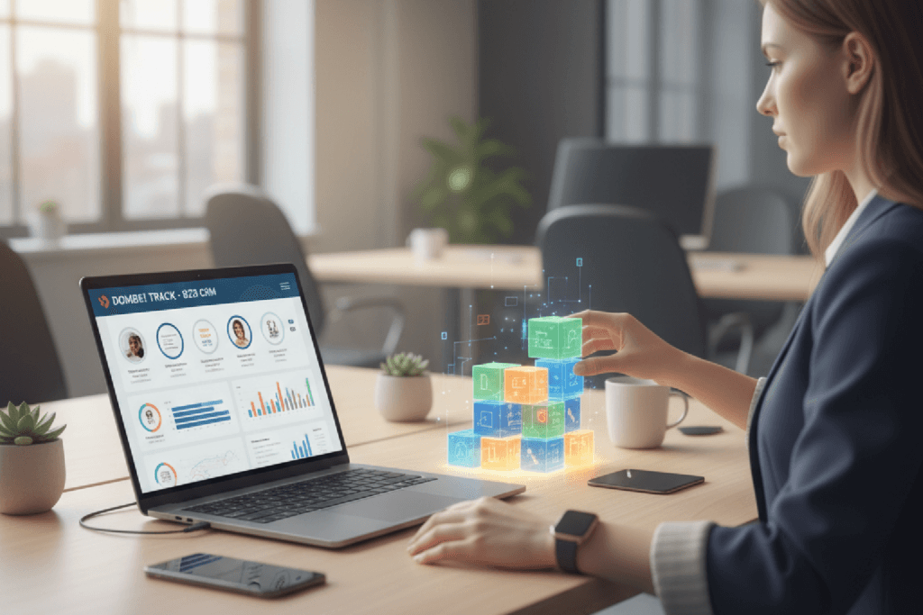 Mesa de um gestor com um laptop exibindo um painel de CRM, simbolizando a construção de um ativo de dados primários após o fim dos cookies.