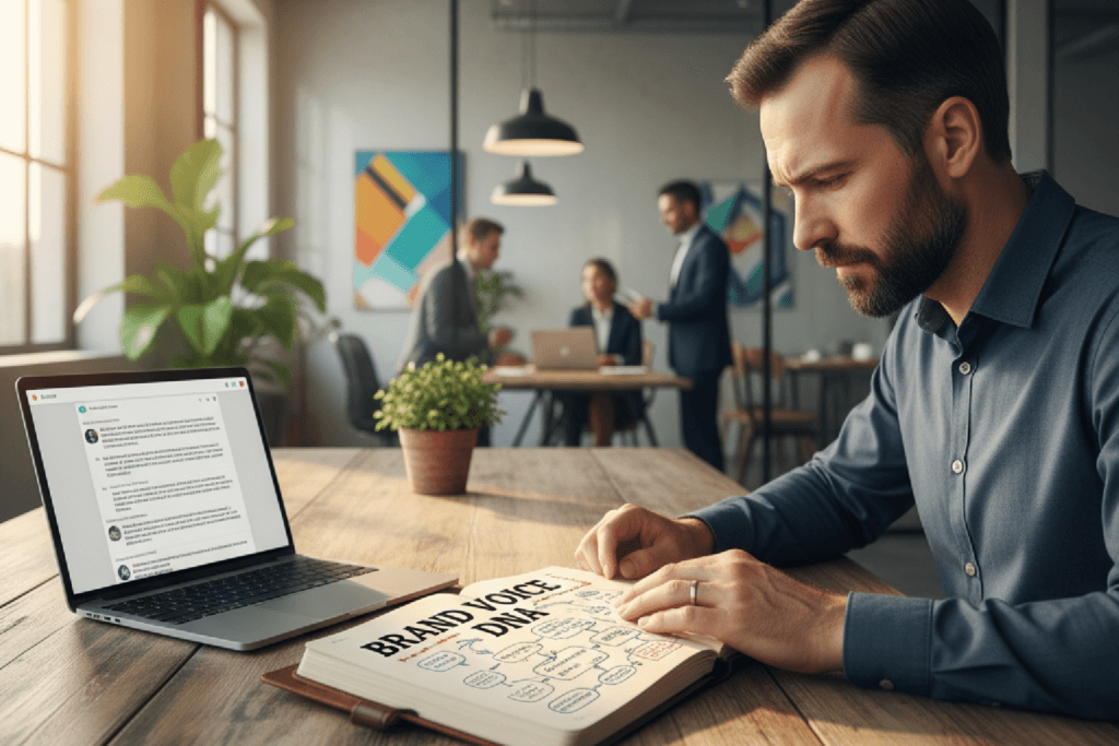 Um gestor de marketing criando um manual de brand voice para guiar a produção de conteúdo com IA e construir autoridade.