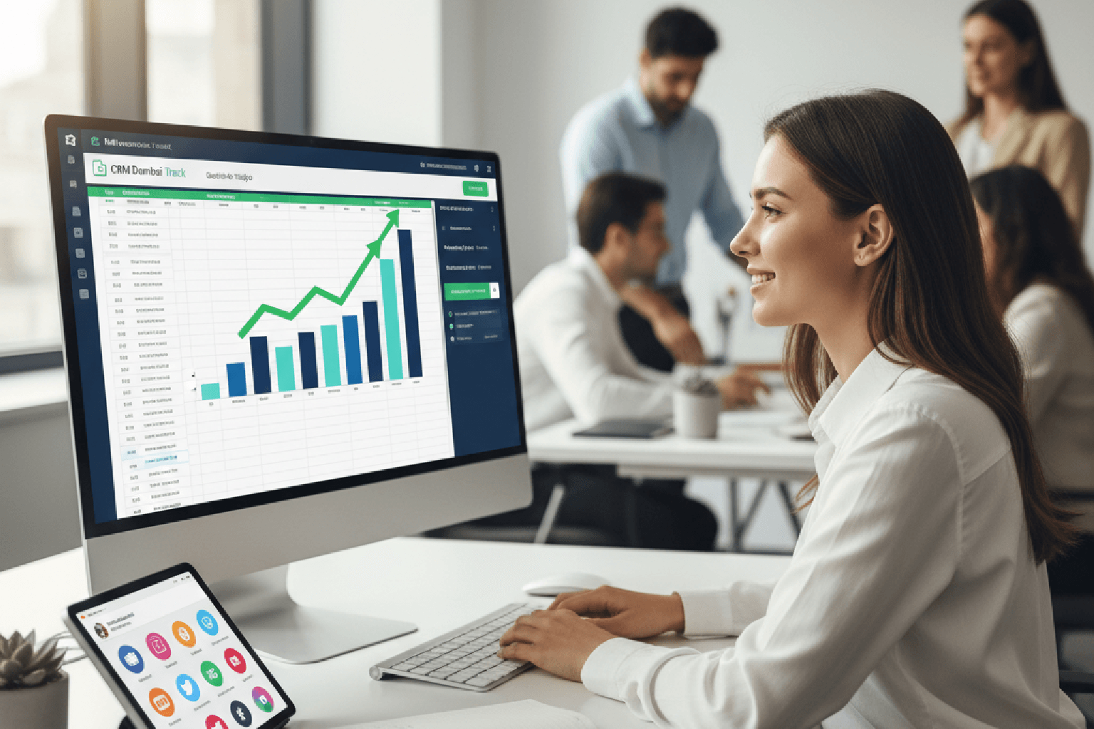 Um gestor de marketing utilizando IA para transformar uma planilha de dados complexa em um gráfico claro que mostra o crescimento do ROI.