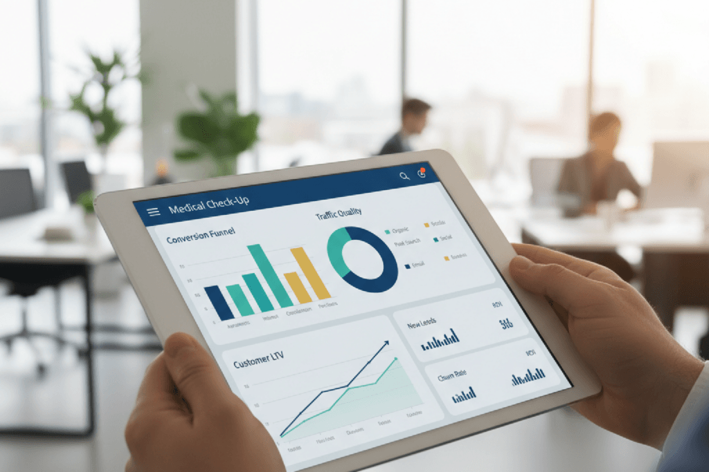 Dashboard de performance avançada para e-commerce em um tablet, mostrando gráficos de funil de conversão e LTV, simbolizando o diagnóstico para lojas Nuvemshop.