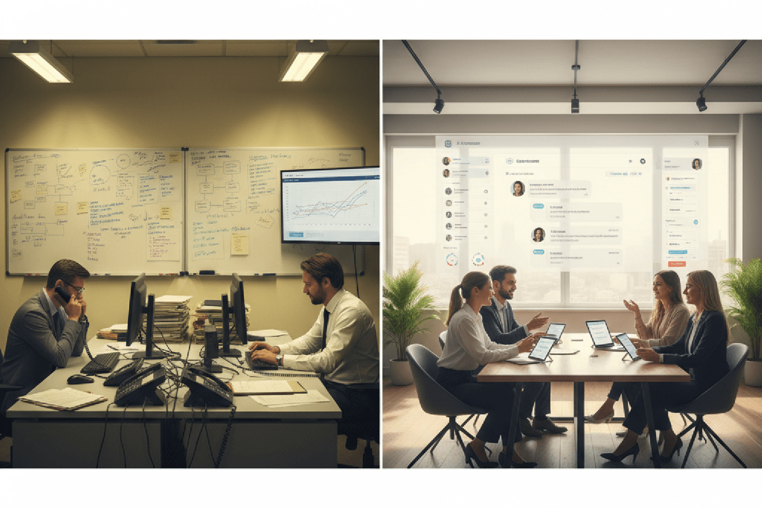 Comparativo entre uma equipe de vendas usando um processo de CRM tradicional e outra usando um CRM conversacional moderno, mostrando o impacto na rotina.