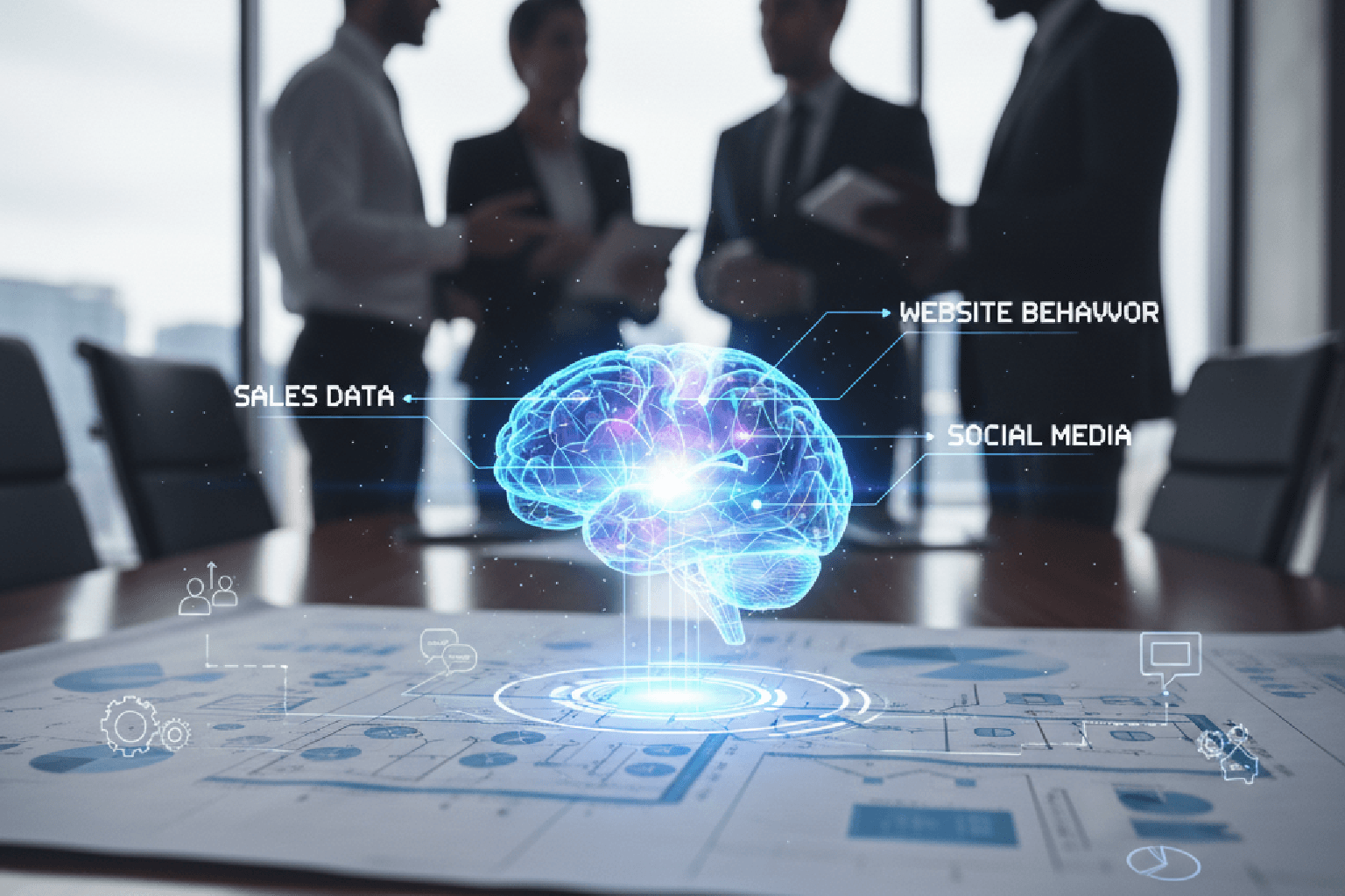 Plano estratégico de dados primários com um cérebro digital representando o CRM como um ativo de inteligência de mercado.