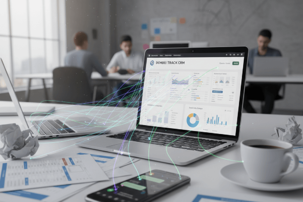 Imagem simbolizando uma auditoria de dados, com informações saindo de fontes bagunçadas como planilhas e WhatsApp e se unificando em um dashboard de CRM organizado.