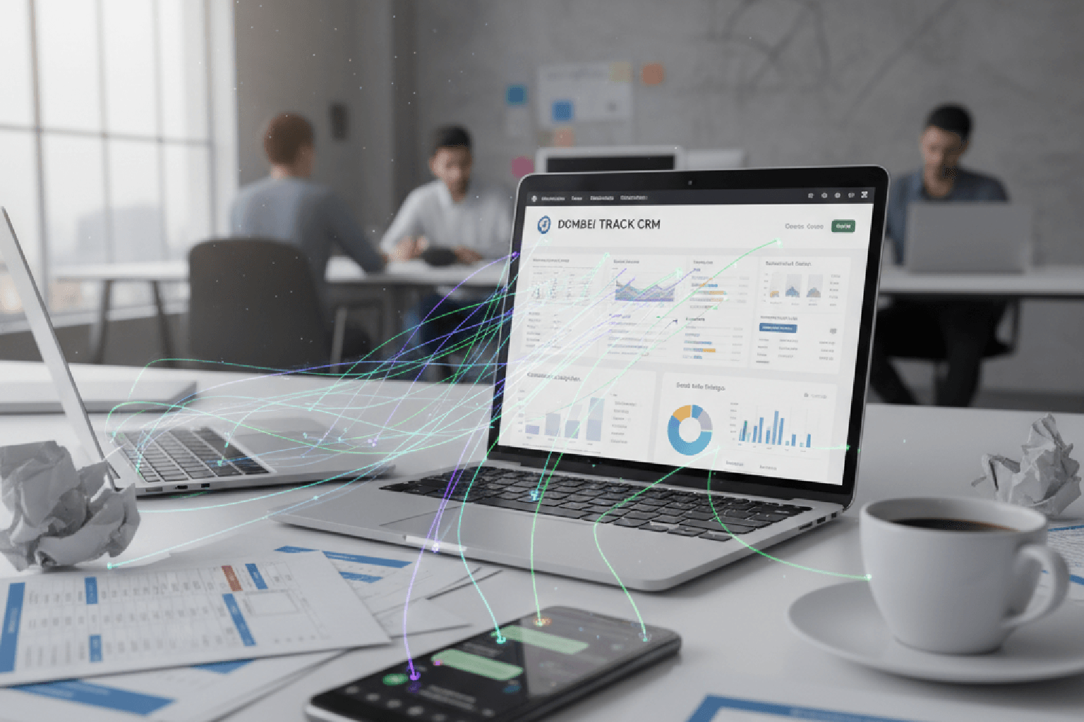 Imagem simbolizando uma auditoria de dados, com informações saindo de fontes bagunçadas como planilhas e WhatsApp e se unificando em um dashboard de CRM organizado.