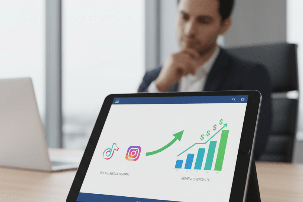 Dashboard exibindo o cálculo do ROI de marketing de conteúdo em vídeo, conectando ícones do TikTok e Reels a um gráfico de vendas.