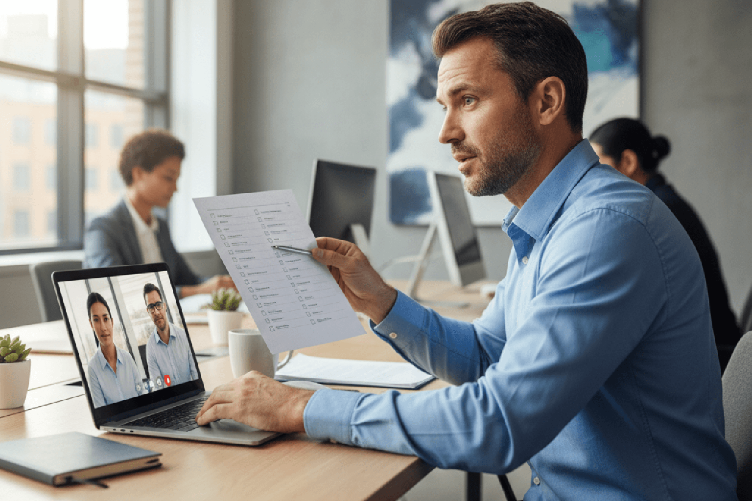 Dono de e-commerce em uma chamada de vídeo com uma agência, usando um checklist para avaliar e contratar o parceiro Kommo certo.