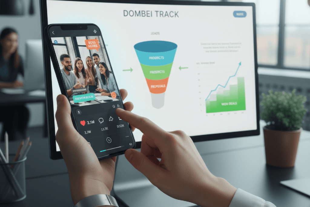 Tela de celular com vídeo viral sendo conectada a um painel de CRM com funil de vendas, ilustrando como transformar conteúdo em vídeo em clientes.