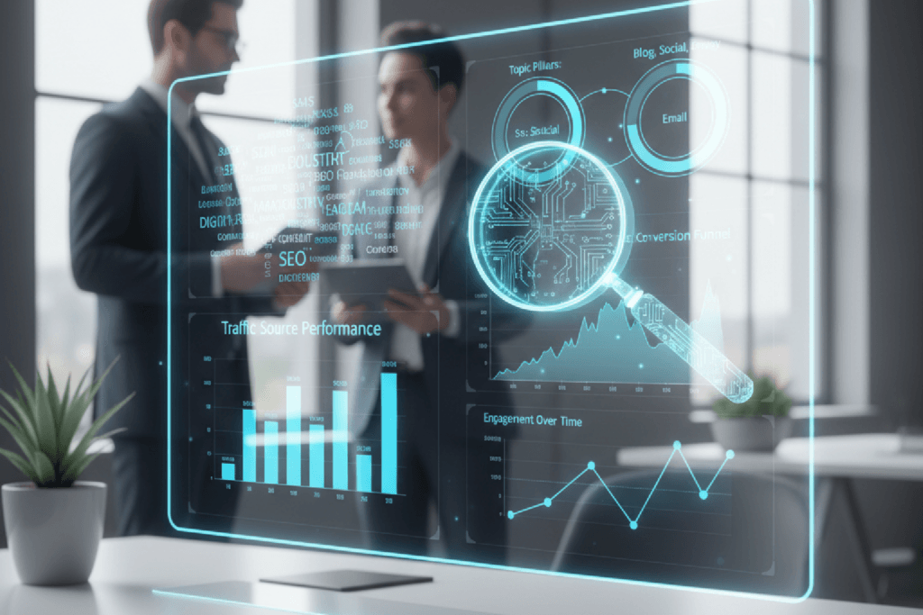 Painel de dados exibindo uma análise de estratégia de conteúdo de concorrentes, com gráficos e pilares temáticos, simbolizando o uso de IA para inteligência de mercado.
