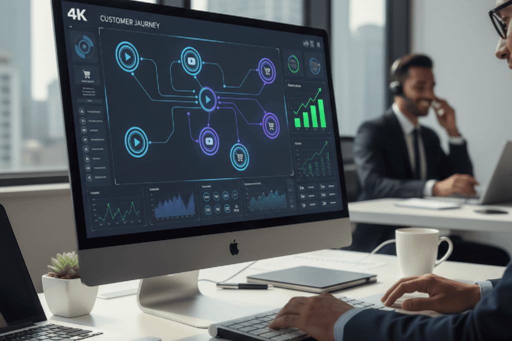 Dashboard exibindo o rastreamento da jornada do cliente, conectando visualizações de conteúdo em vídeo a vendas e provando o ROI.