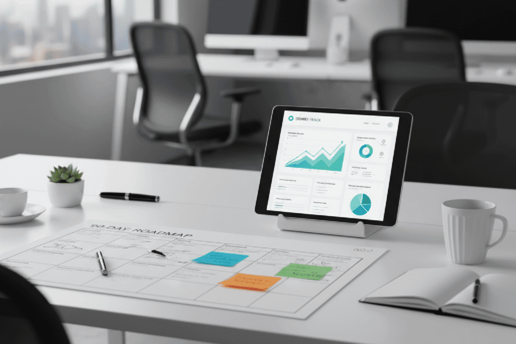 Roadmap de 90 dias para maturidade do Kommo CRM ao lado de um tablet com dashboard de crescimento, simbolizando o planejamento estratégico para garantir o ROI.
