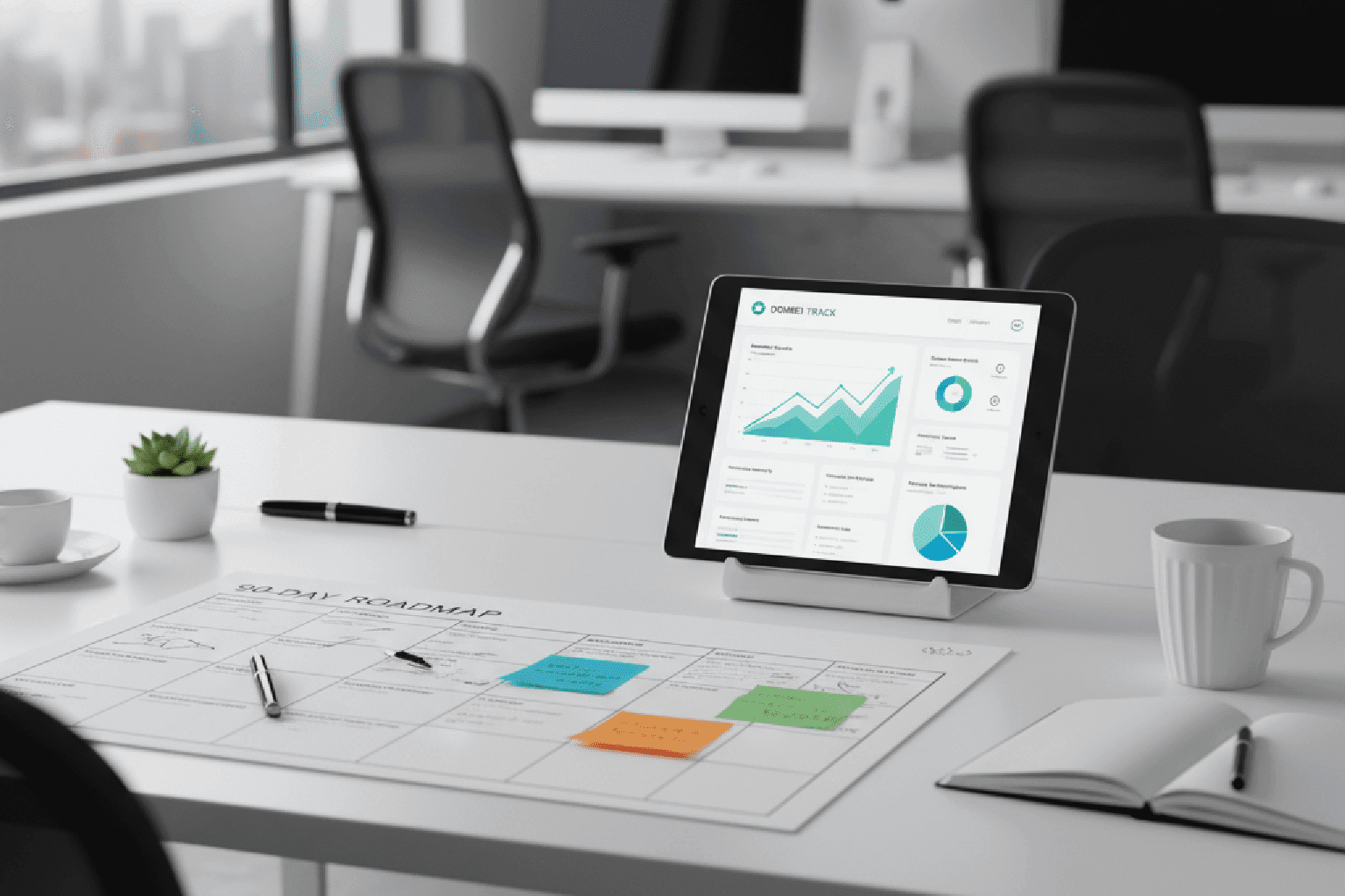 Roadmap de 90 dias para maturidade do Kommo CRM ao lado de um tablet com dashboard de crescimento, simbolizando o planejamento estratégico para garantir o ROI.