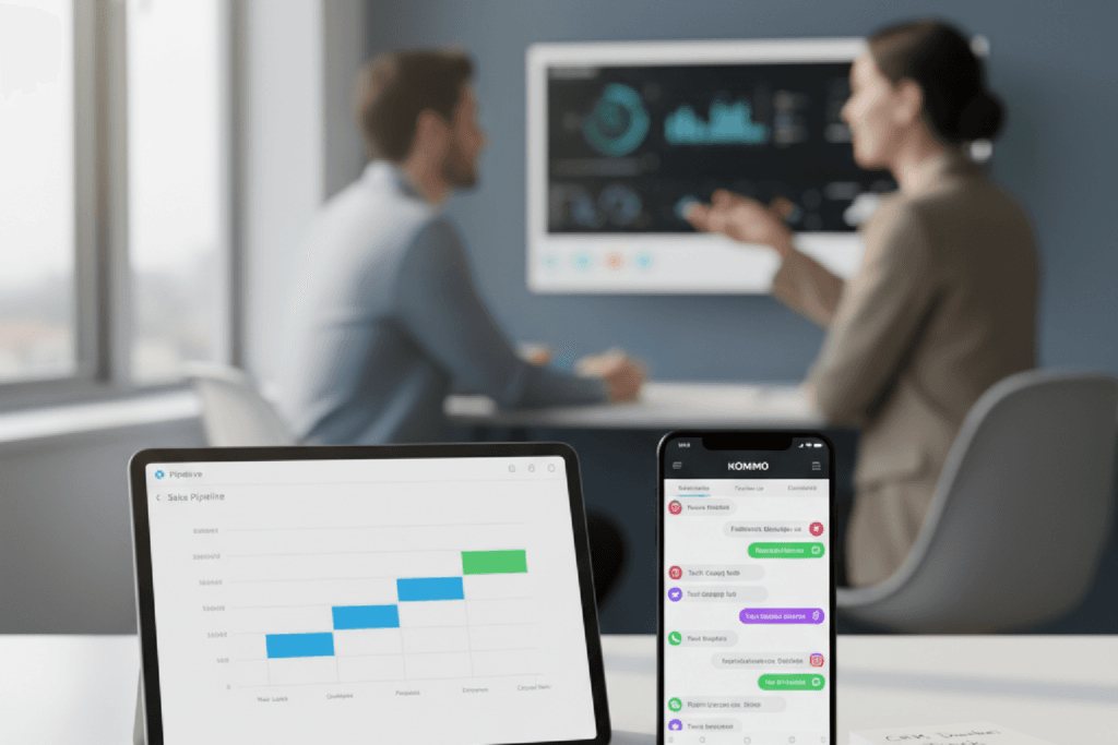 Comparativo visual entre um CRM de vendas tradicional em um tablet e um CRM conversacional em um smartphone.