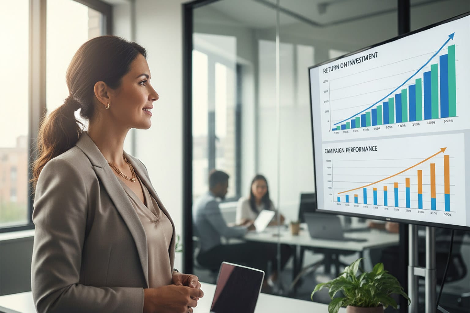 Gestora de e-commerce analisando um dashboard com gráficos de ROI positivos após implementar o trackeamento server-side.