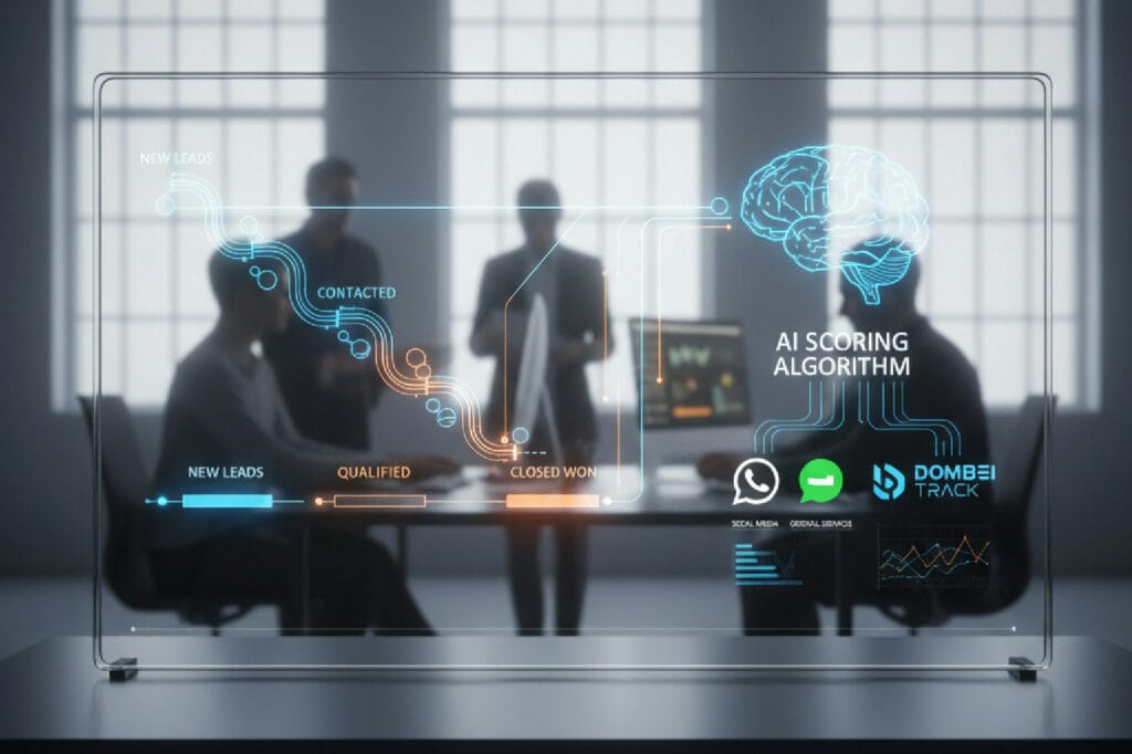 Dashboard futurista mostrando um sistema de lead scoring com IA, com um cérebro de IA analisando dados para priorizar leads em um funil de vendas.