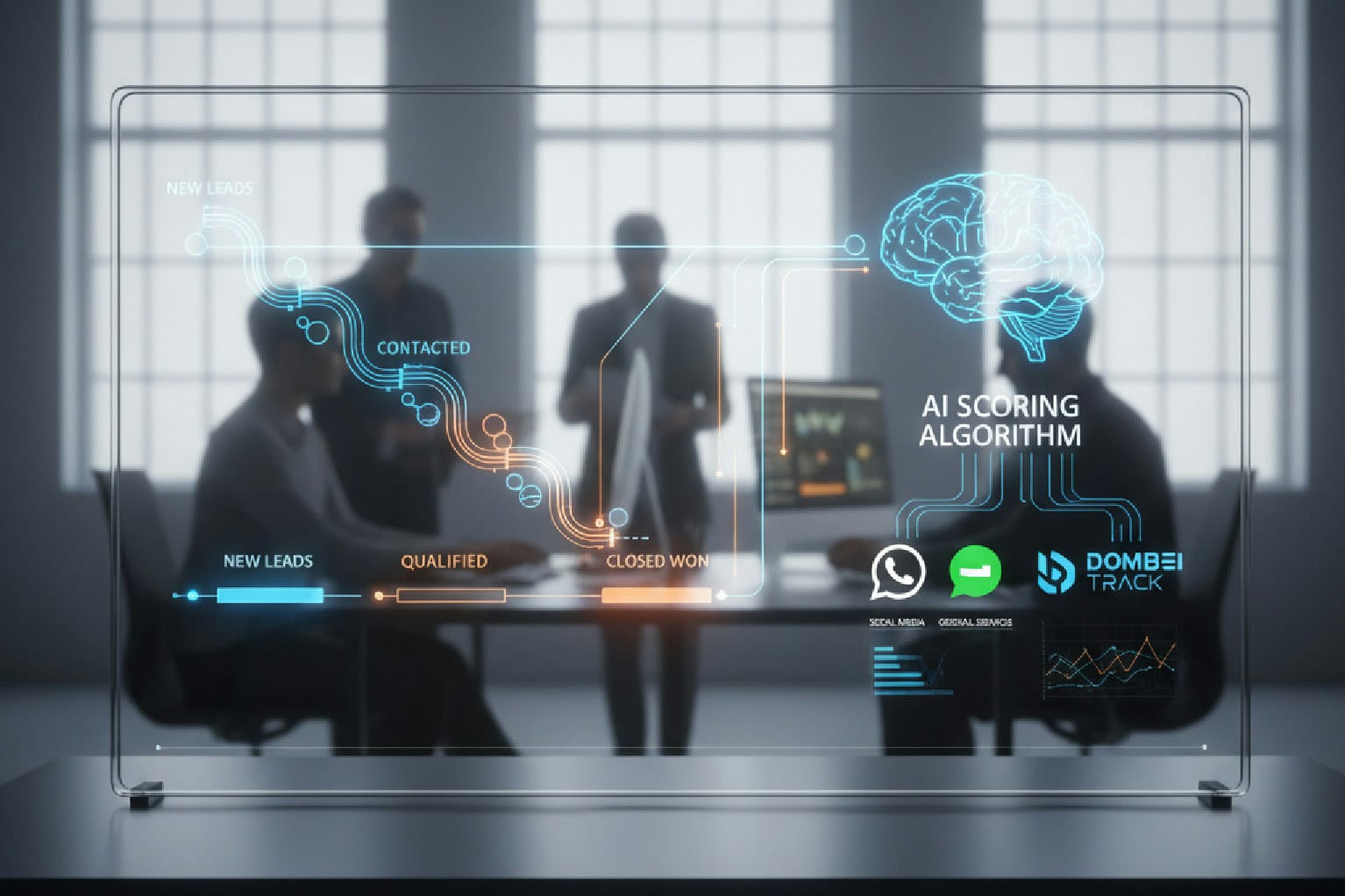 Dashboard futurista mostrando um sistema de lead scoring com IA, com um cérebro de IA analisando dados para priorizar leads em um funil de vendas.