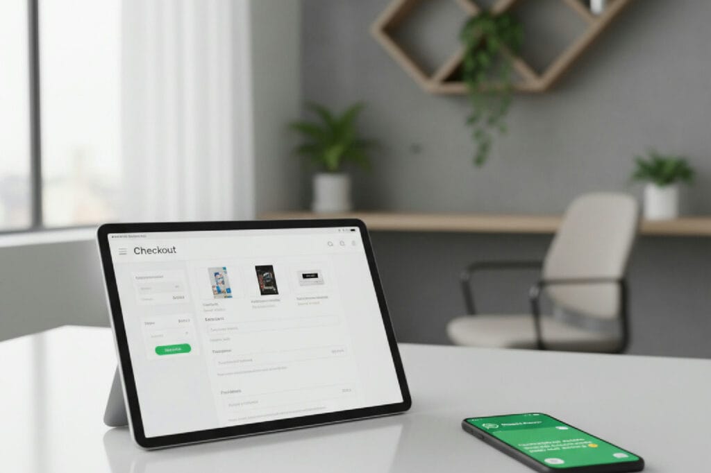 Guia de recuperação de carrinho abandonado no WhatsApp para Nuvemshop e Kommo, mostrando um celular com a automação ao lado de um tablet com a loja virtual.