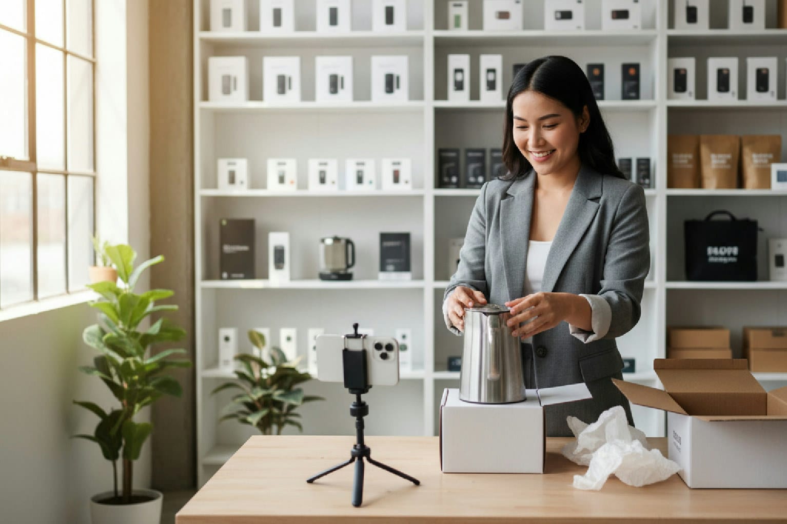 Mulher empreendedora gravando um vídeo de unboxing de produto para seu e-commerce, demonstrando como reduzir a taxa de devolução.
