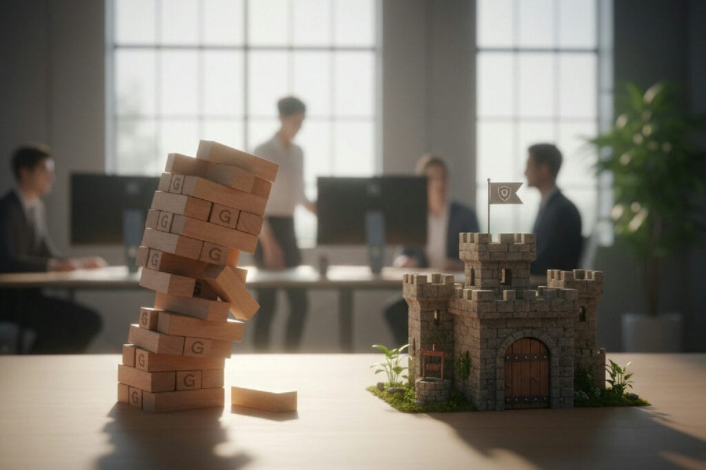 Ilustração do conceito Google-Proof, mostrando uma torre de blocos do Google prestes a cair ao lado de um castelo forte simbolizando uma estratégia de marketing própria com CRM.