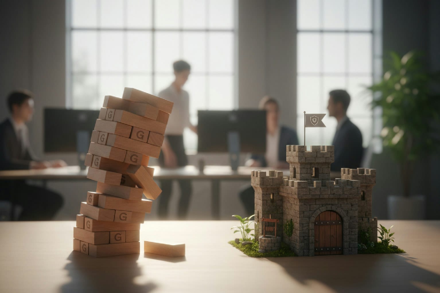 Ilustração do conceito Google-Proof, mostrando uma torre de blocos do Google prestes a cair ao lado de um castelo forte simbolizando uma estratégia de marketing própria com CRM.
