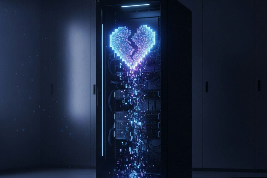 Imagem simbolizando o fim do pixel do Meta e a transição para o trackeamento server-side, com um coração de pixel se desfazendo em dados que entram em um servidor.