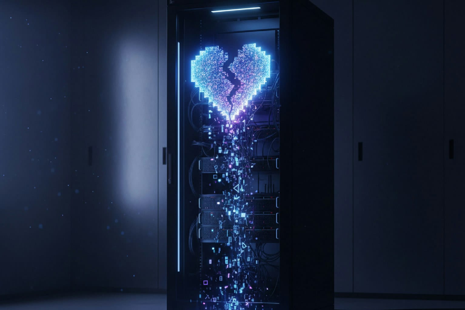 Imagem simbolizando o fim do pixel do Meta e a transição para o trackeamento server-side, com um coração de pixel se desfazendo em dados que entram em um servidor.