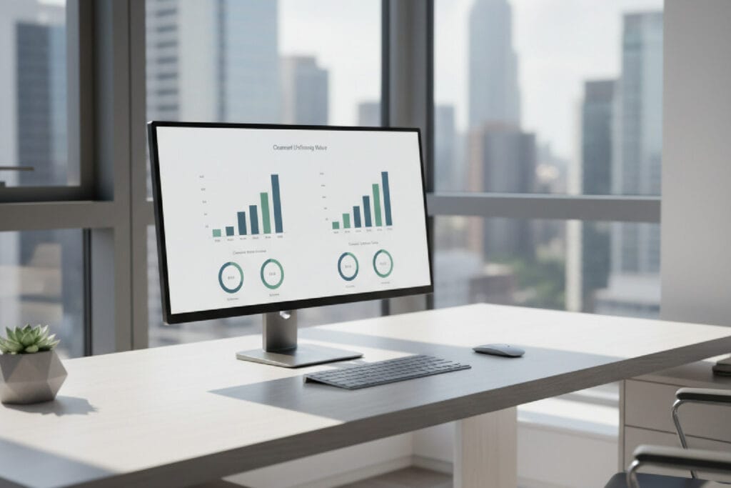 Dashboard do CEO com métricas de negócio claras, como lucratividade por canal, em um monitor, ilustrando o poder do Dombei Track.