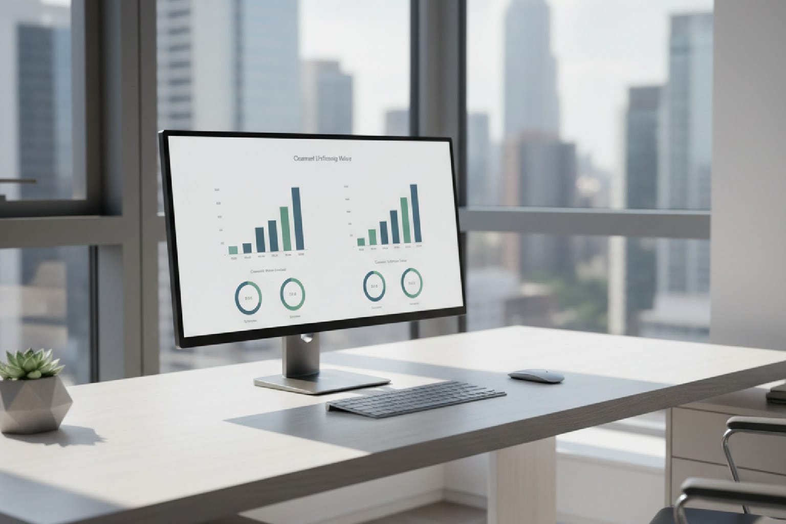 Dashboard do CEO com métricas de negócio claras, como lucratividade por canal, em um monitor, ilustrando o poder do Dombei Track.
