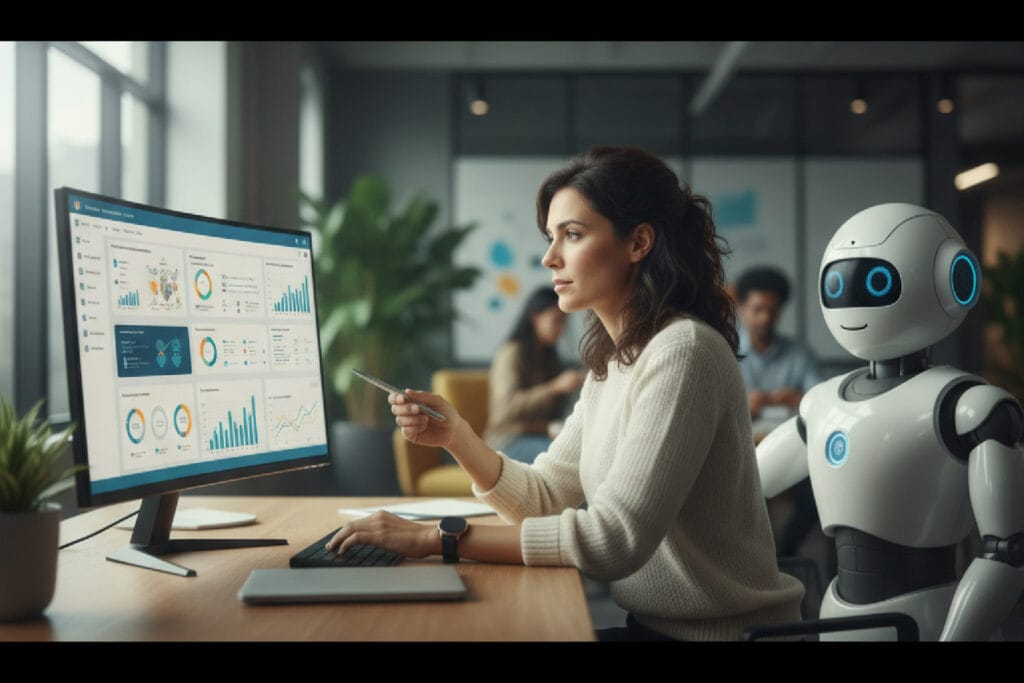 Uma profissional de marketing utilizando dados de um CRM para treinar uma inteligência artificial e criar conteúdo com IA mais humano.