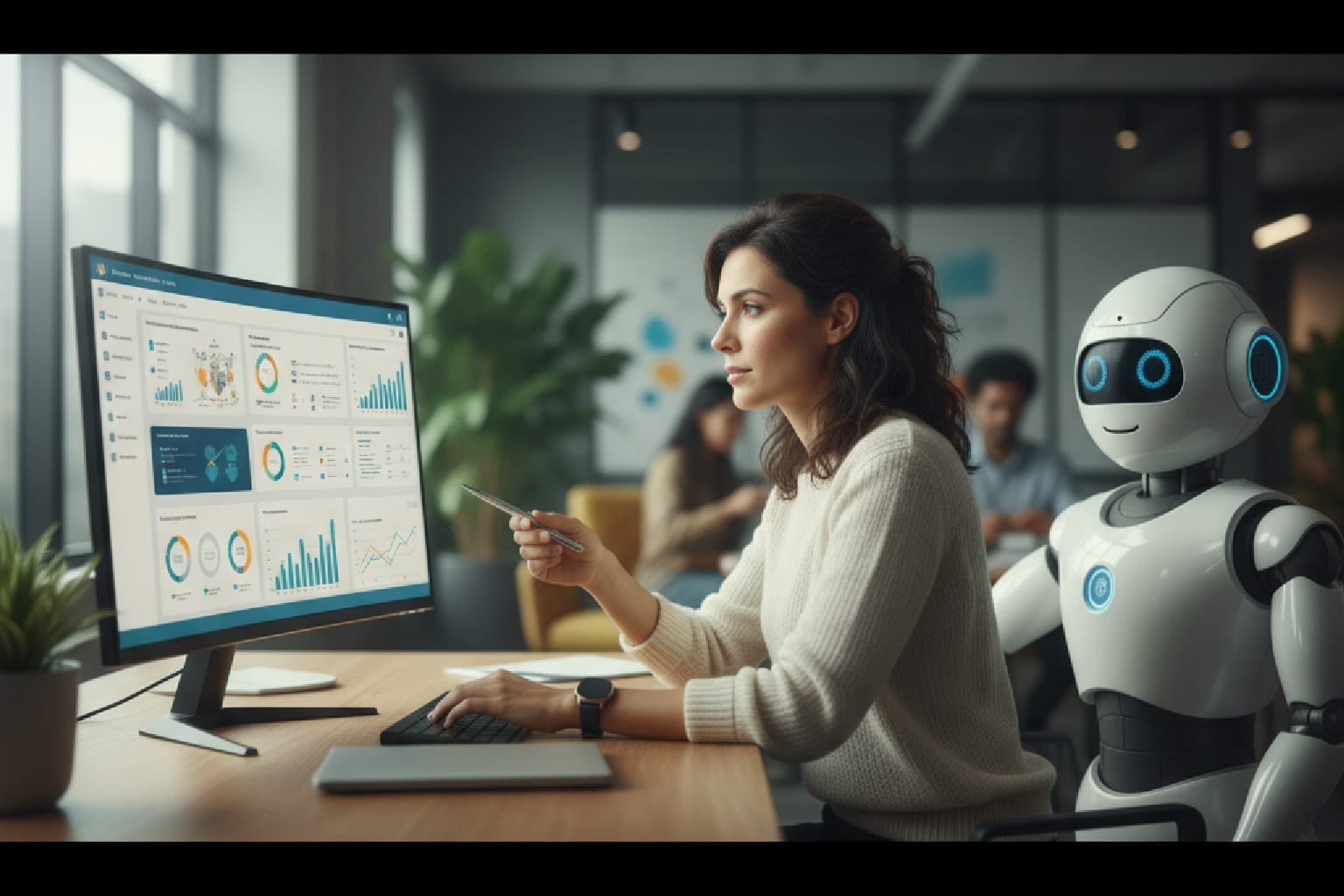 Uma profissional de marketing utilizando dados de um CRM para treinar uma inteligência artificial e criar conteúdo com IA mais humano.