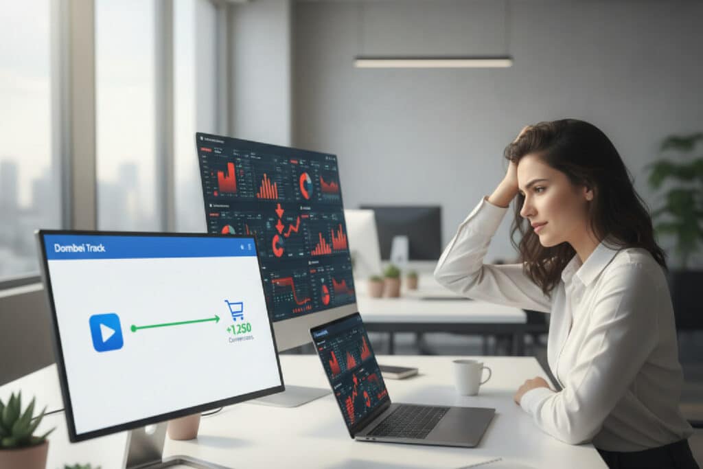 Guia de diagnóstico para entender por que o ROAS está caindo, mostrando a diferença entre dados confusos de anúncios e um rastreamento claro com Dombei Track.