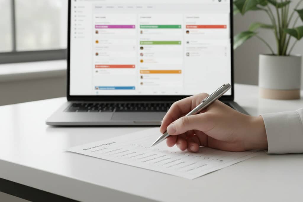Checklist de avaliação de um parceiro Kommo sobre uma mesa de trabalho, com um dashboard de CRM ao fundo.
