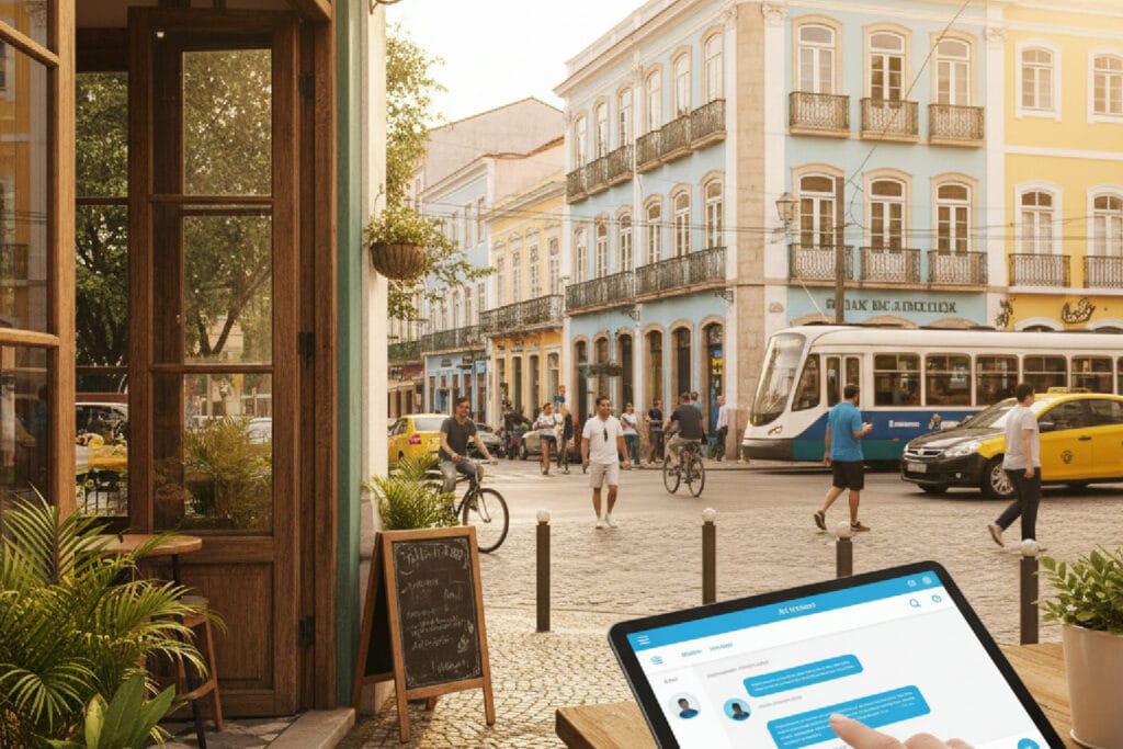 Dono de um negócio local no Rio de Janeiro usando um tablet com interface de IA para otimizar o SEO local da sua loja.