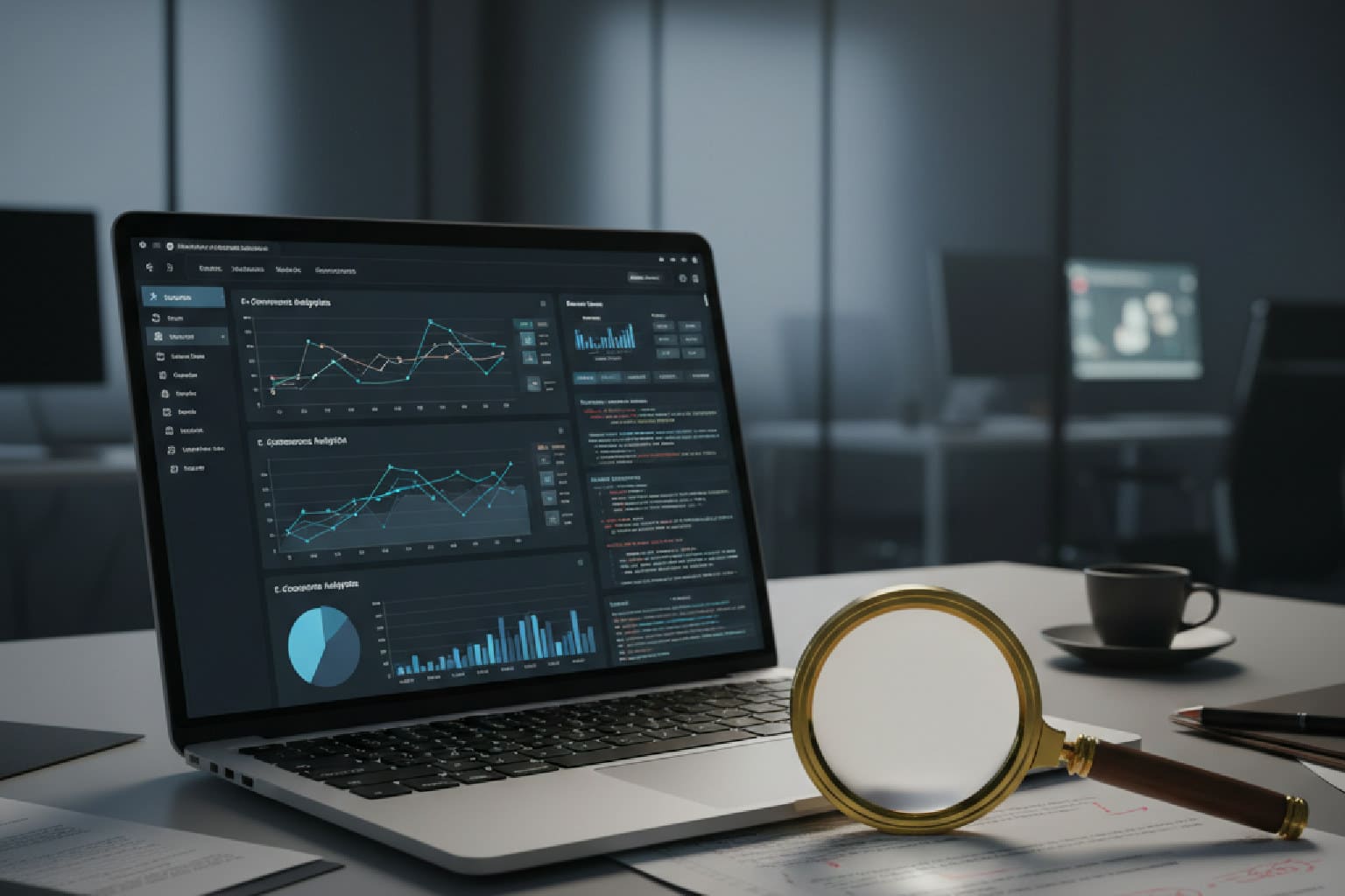 Mesa de detetive com um laptop exibindo um dashboard de analytics e uma lupa sobre um código, simbolizando a investigação para aumentar a taxa de conversão do e-commerce.