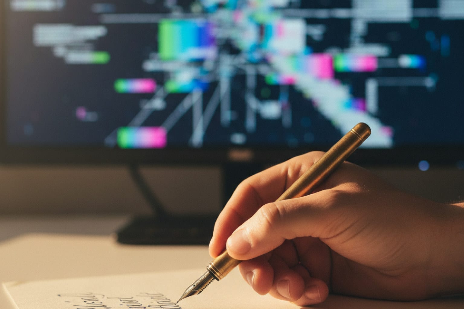 Mão humana escrevendo com caneta-tinteiro, simbolizando a criação de conteúdo autêntico, em contraste com uma tela digital e caótica ao fundo, que representa o ruído da IA generativa em marketing.