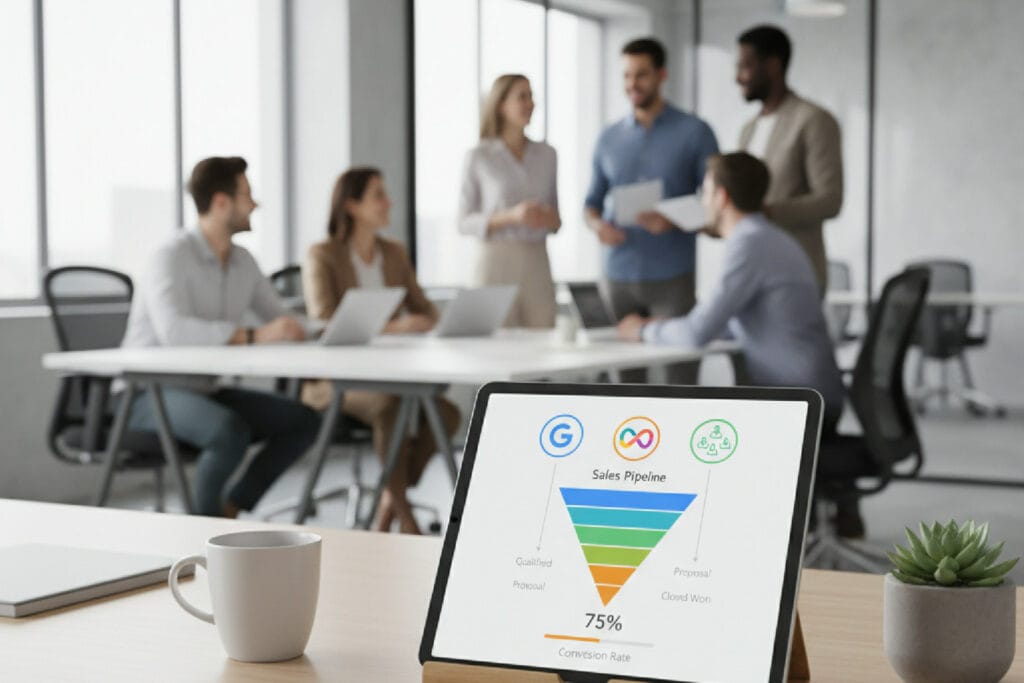 Dashboard em um tablet mostrando a unificação de dados de GA4, Meta Ads e CRM através do trackeamento avançado.