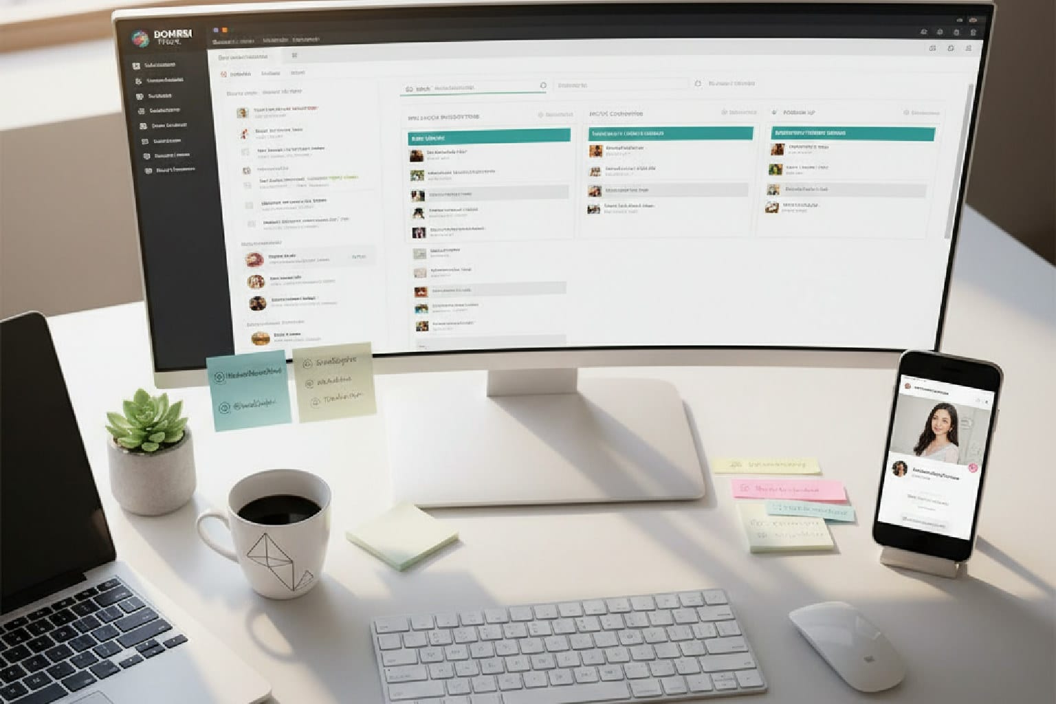 Secretária com monitor exibindo um dashboard de CRM para gestão de influenciadores e um celular mostrando um perfil de nano-influenciador, ilustrando o marketing de autoridade organizado.