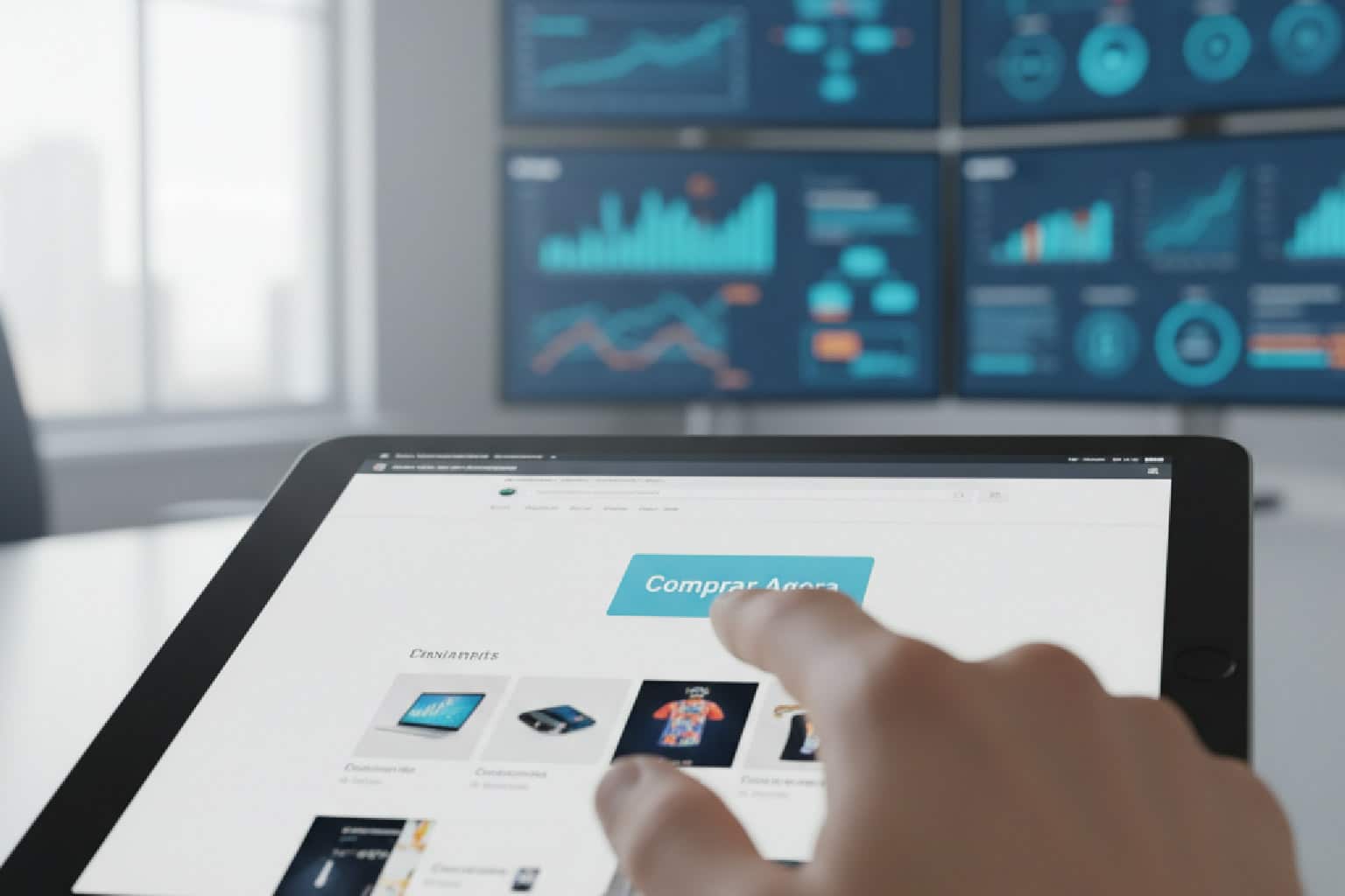 Tela de tablet mostrando um site de e-commerce e uma mão prestes a clicar no botão Comprar Agora, ilustrando como aumentar a taxa de conversão no e-commerce.