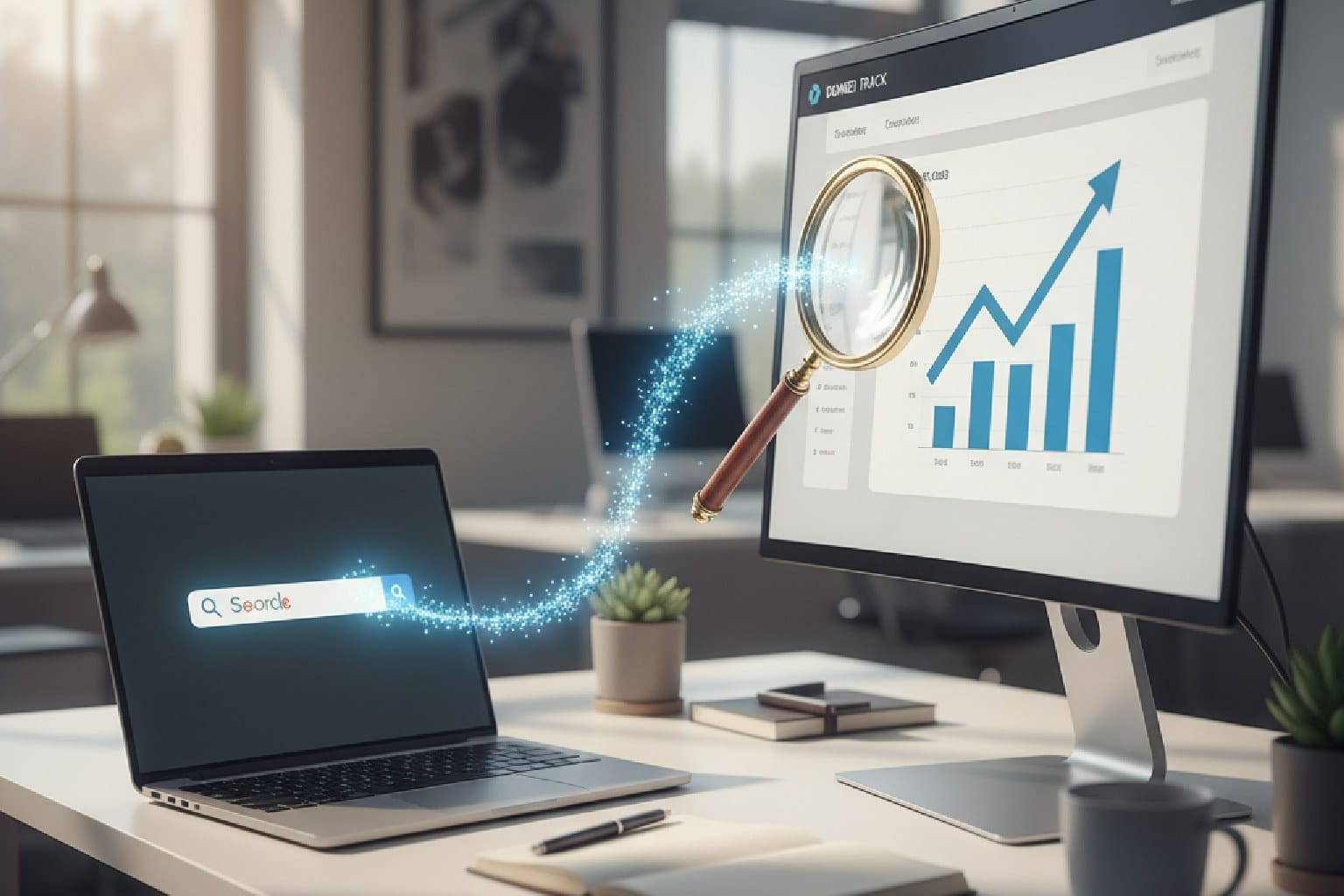 Imagem ilustrando a conexão entre SEO e CRM, com uma linha de dados ligando uma busca no Google a um gráfico de vendas, simbolizando a atribuição de ROI.