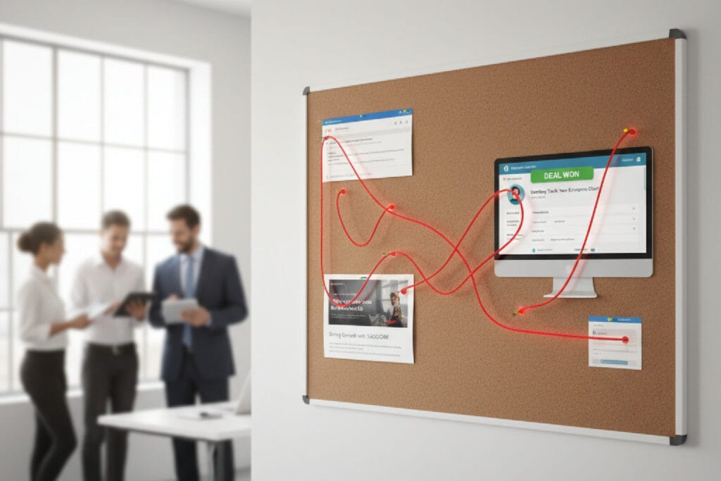 Quadro de evidências mostrando a conexão entre uma busca no Google, um artigo de blog e uma venda fechada em um CRM, ilustrando o conceito de SEO e CRM para provar o ROI do marketing de conteúdo.