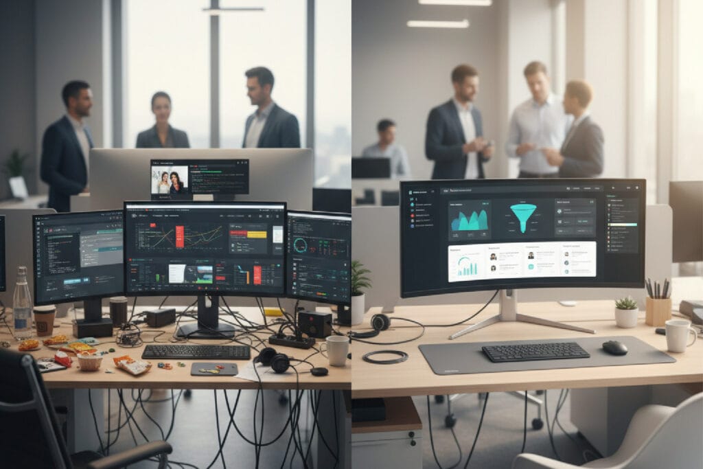 Imagem mostrando a transição de uma operação de e-commerce caótica, com muitas telas e fios, para um ecossistema integrado e organizado.