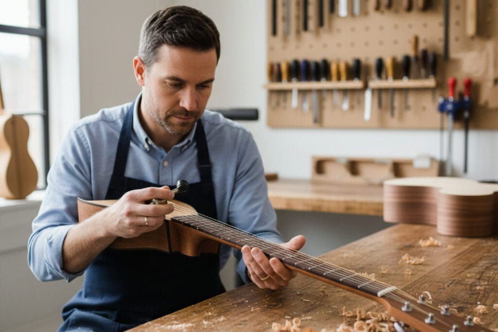Imagem de um artesão analisando um violão, simbolizando o marketing de autoridade e a construção de confiança.