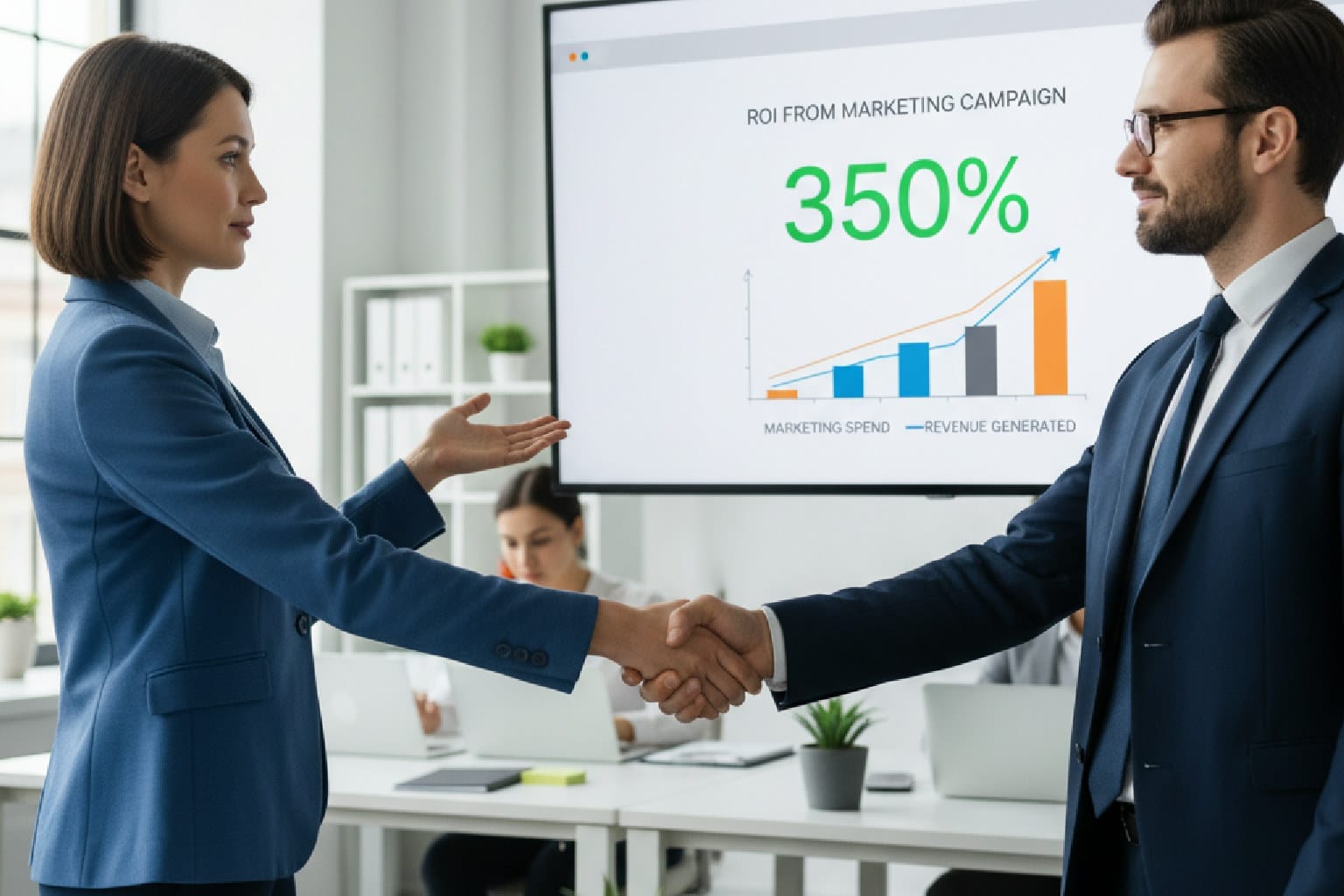 Guia prático para provar o ROI do marketing, mostrando um gestor apresentando um dashboard com resultados claros para o time financeiro.