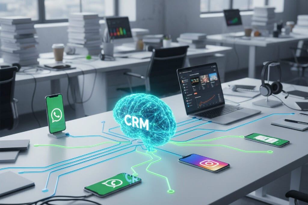Anatomia de uma operação de vendas por WhatsApp, mostrando um cérebro de CRM conectando canais como WhatsApp e Instagram de forma organizada.