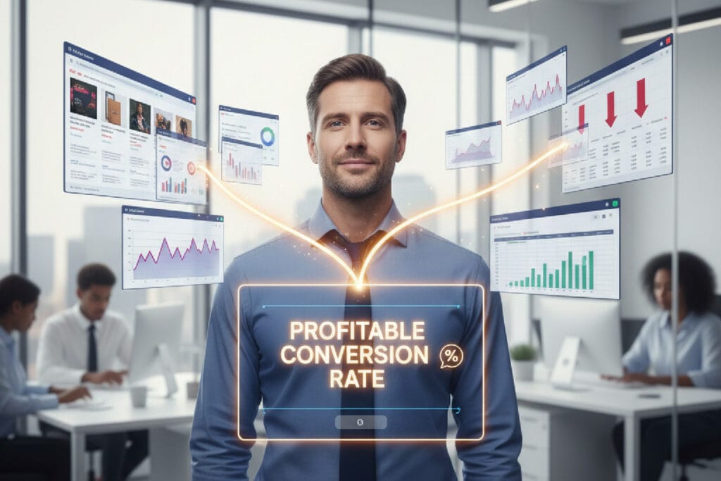 Imagem mostrando como a unificação de dados de CRM, anúncios e checkout pode aumentar a taxa de conversão de um e-commerce.