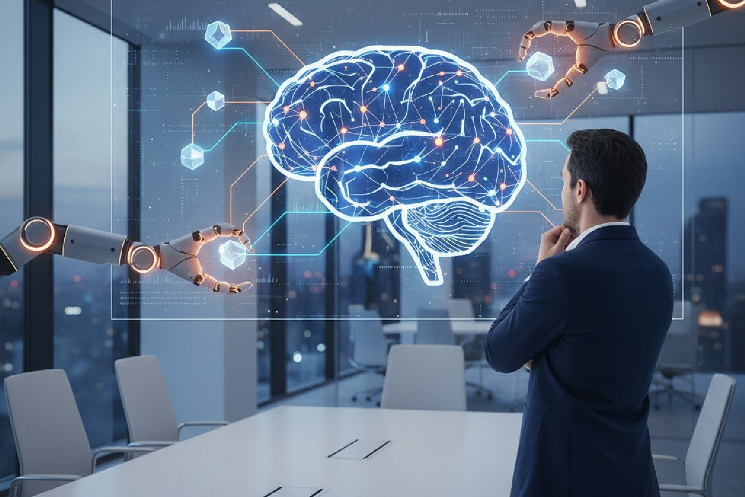 Imagem estratégica ilustrando o conceito de Generative Engine Optimization (GEO), com um cérebro de dados sendo montado em uma tela holográfica, simbolizando a otimização de conteúdo para IAs de busca.